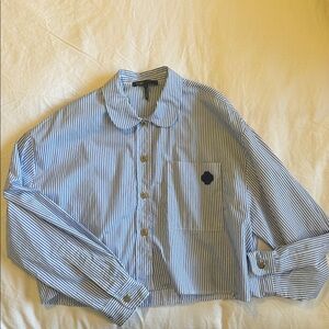 Maje Cropped Blue and White Striped Button-Up Shirt